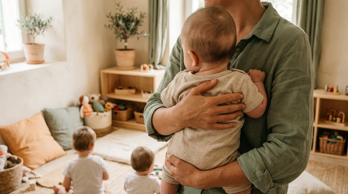 Un bébé de quelques mois dans les bras d'une professionnelle