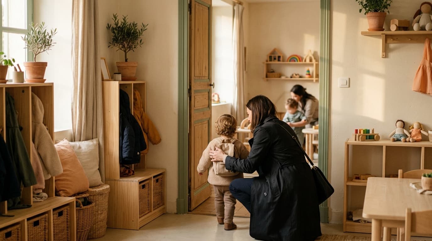 Une maman en tenue de travail récupère son enfant à la porte de la crèche