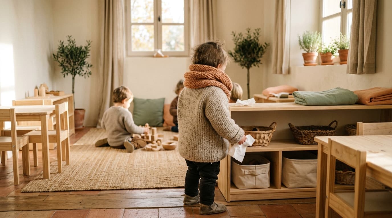 Un tout-petit emmitouflé dans une écharpe, un mouchoir à la main