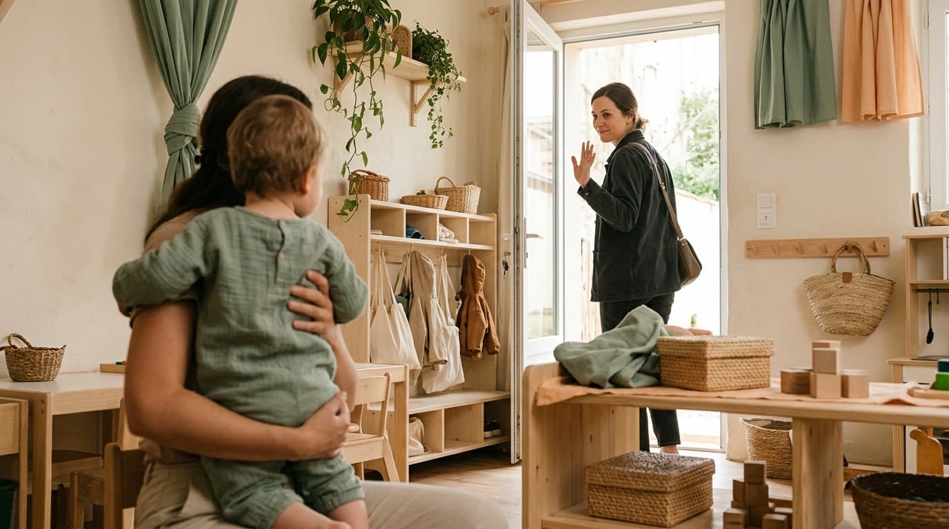 Une maman fait au revoir de la main depuis la porte, son enfant dans les bras d'une professionnelle