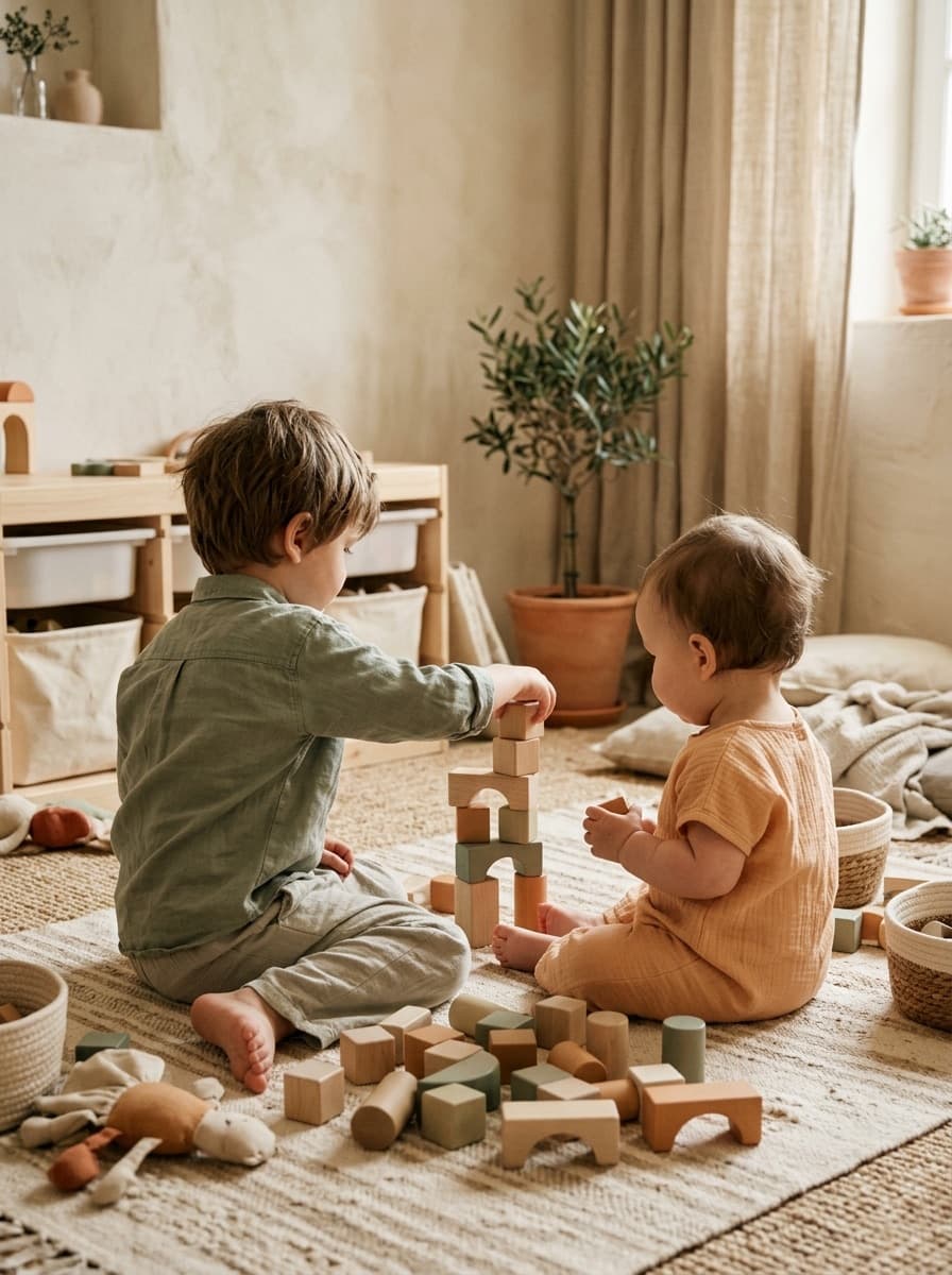 Un grand et un bébé empilent ensemble des cubes en bois sur un tapis