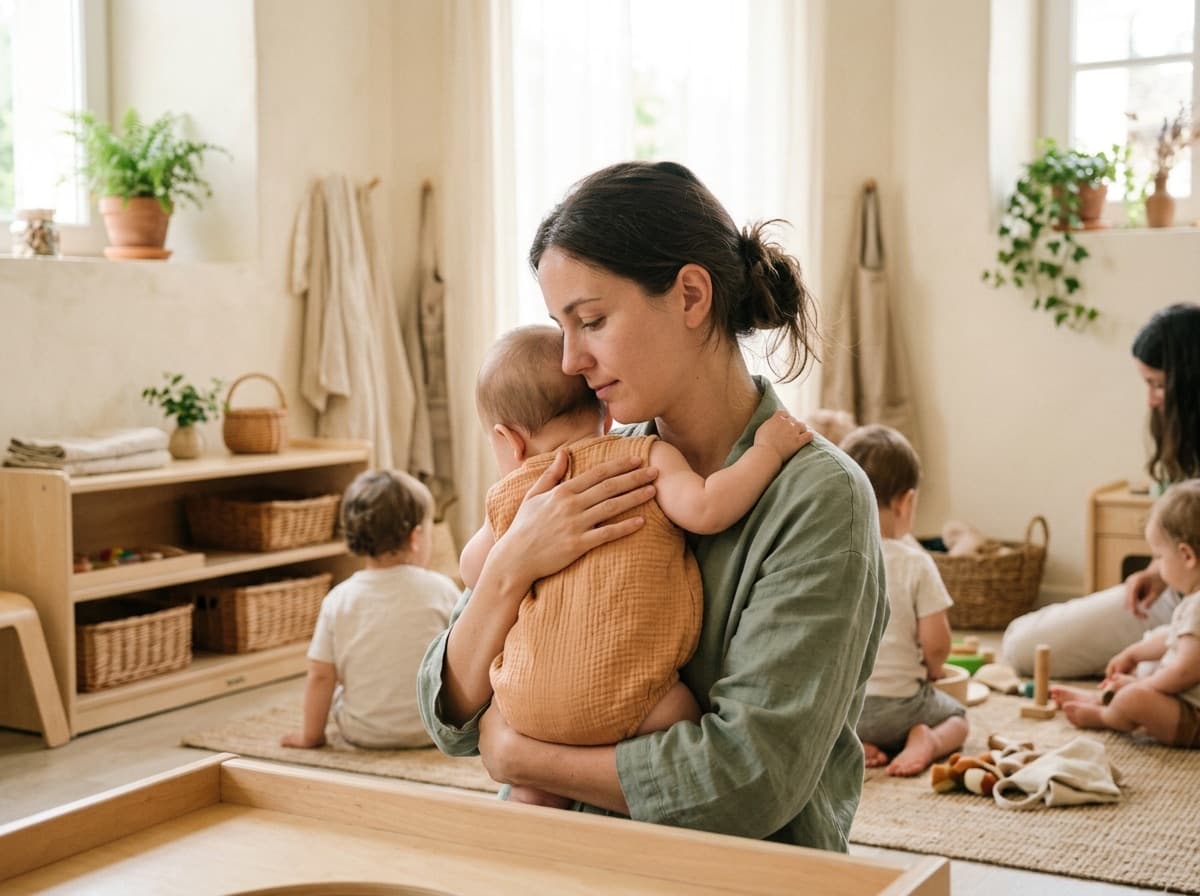 Une professionnelle tient un bébé contre son épaule, dans la salle de jeux